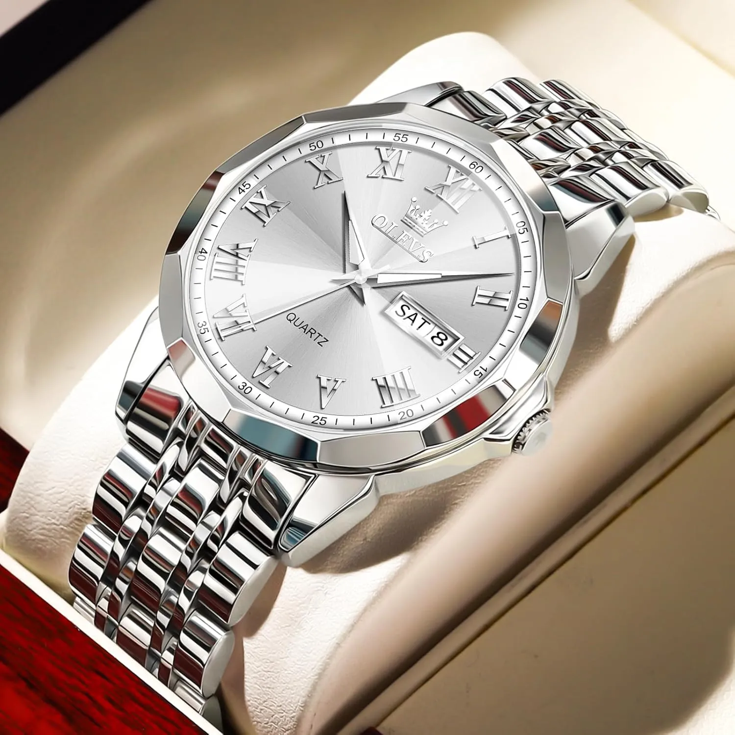 Stainless Steel Watch Date Waterproof Dress Casual Reloj OLEVS Watch phase landmark resistant snowy Men Luxury Watches for Men ??Silver/Gold/Blue/Black??(Diamond/Roman Numeral/Arabic Numeral) Dial Watches 