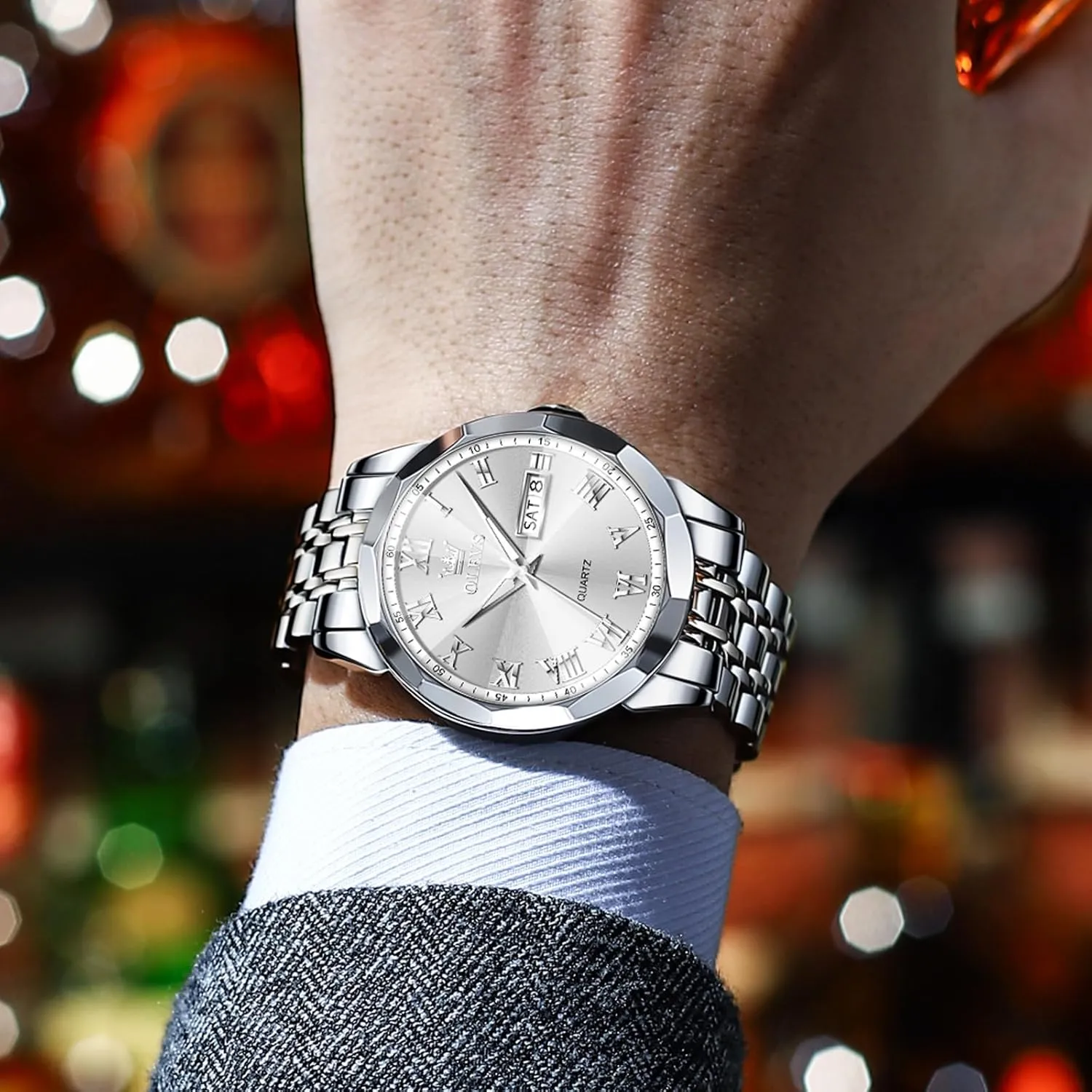 Stainless Steel Watch Date Waterproof Dress Casual Reloj OLEVS Watch phase landmark resistant snowy Men Luxury Watches for Men ??Silver/Gold/Blue/Black??(Diamond/Roman Numeral/Arabic Numeral) Dial Watches 