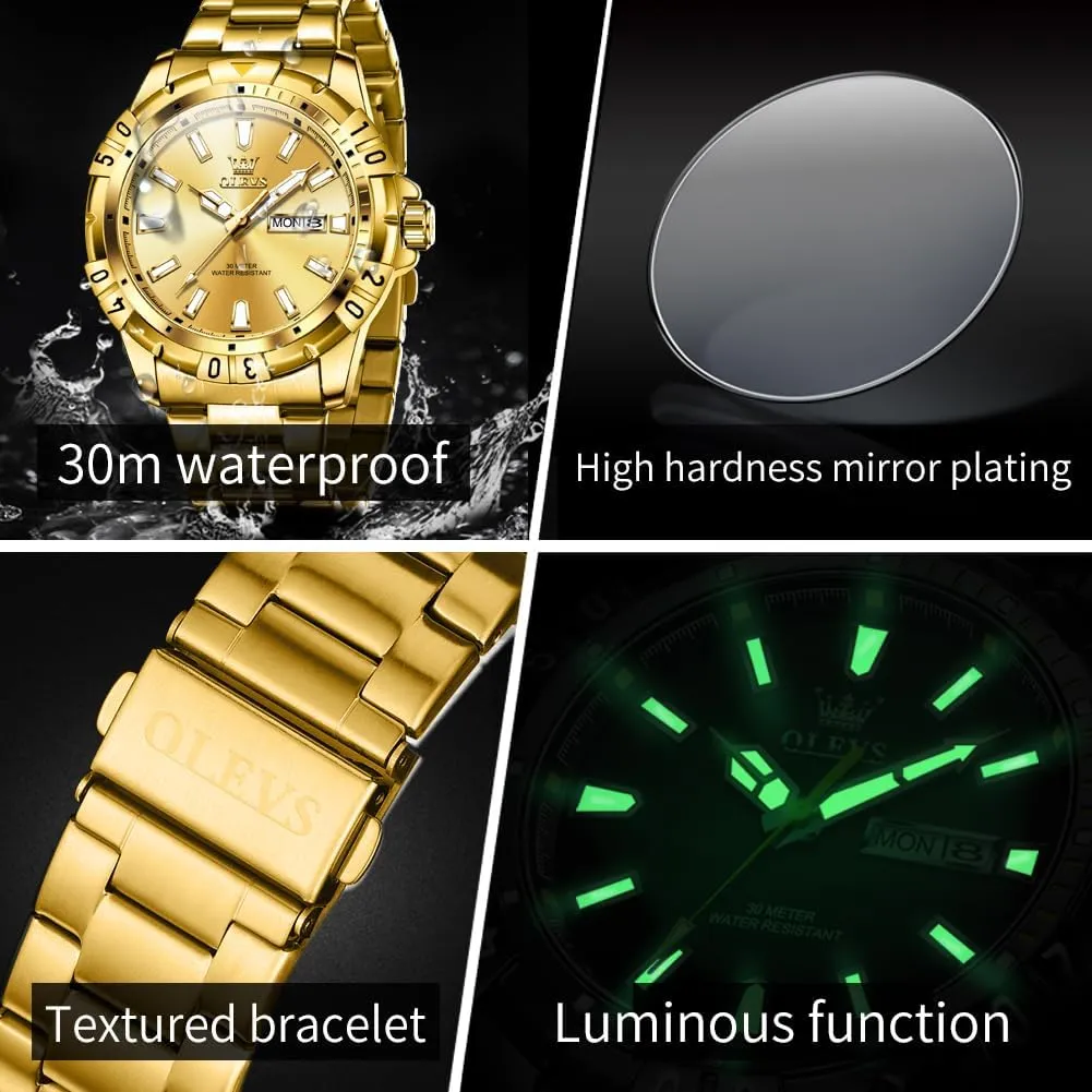 Stainless Steel Watch with Day Waterproof Analog Quartz Watches for Man Classic Business Wristwatch Luxury electrolysis milieu appliance racism Luminous Round for Men Rotatable Bezel Watch OLEVS Men Watch,Big Dial Watches for Men 