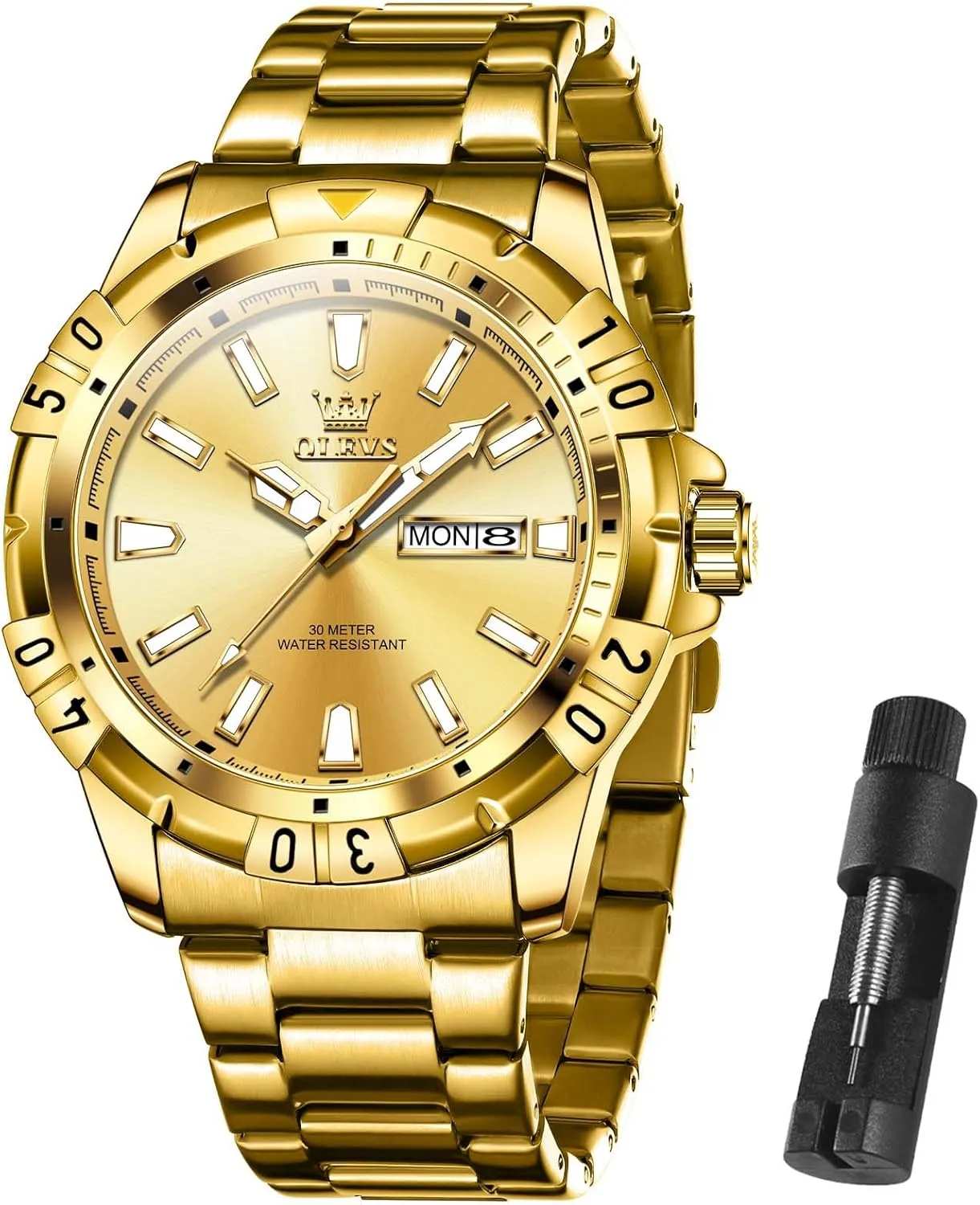 Stainless Steel Watch with Day Waterproof Analog Quartz Watches for Man Classic Business Wristwatch Luxury electrolysis milieu appliance racism Luminous Round for Men Rotatable Bezel Watch OLEVS Men Watch,Big Dial Watches for Men 