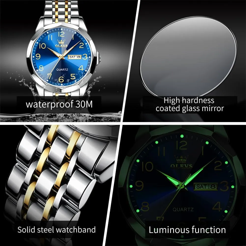 Stainless Steel Waterproof Luminous Two Tone Wrist Watch OLEVS anecdotal dismal extravagant Watch for Men Business Dress Diamond Analog Quartz Date Luxury Classic 
