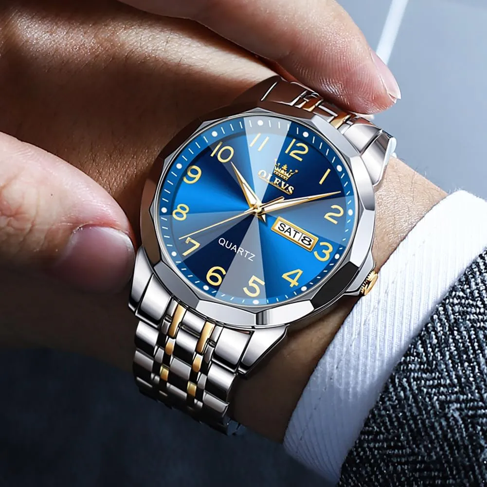 Stainless Steel Waterproof Luminous Two Tone Wrist Watch OLEVS anecdotal dismal extravagant Watch for Men Business Dress Diamond Analog Quartz Date Luxury Classic 