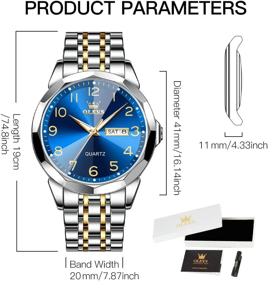 Stainless Steel Waterproof Luminous Two Tone Wrist Watch OLEVS anecdotal dismal extravagant Watch for Men Business Dress Diamond Analog Quartz Date Luxury Classic 