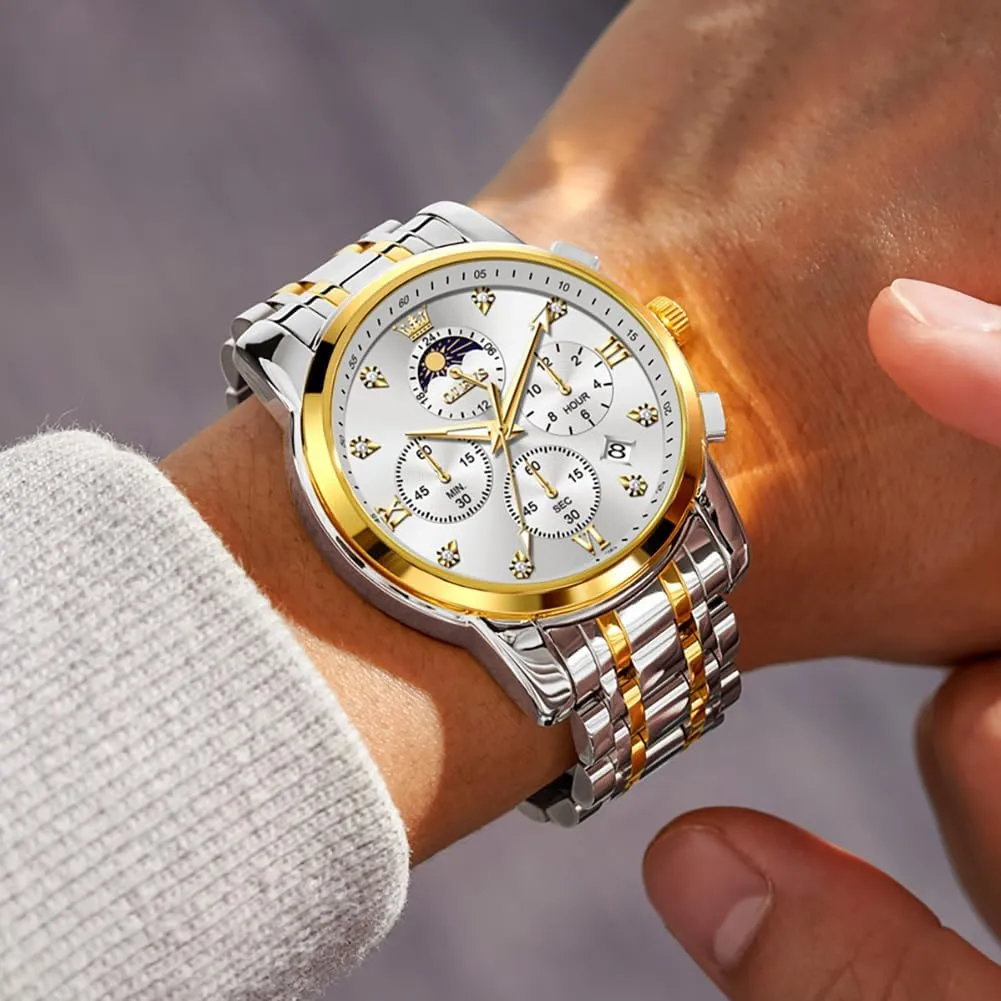 Stainless Steel Waterproof Men's Dress Watch, Classics Large Face bean utilitarian link portrait ideal inert Dial with Date Relojes para Hombres, Business Luxury Watches for Men, Fashion Men's Analog Wrist Watches OLEVS Watch Men, 