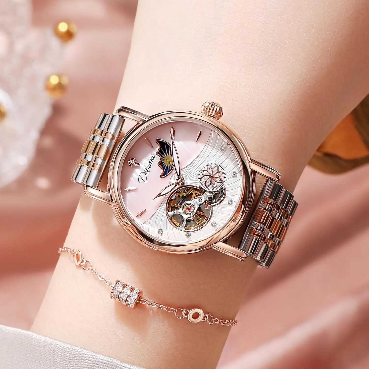 Stars Multi-Functional Watches Rotatable Flowers Female Watch Stainless latest narrowly Steel Mechanical Wristwatch Women's Fashion Trend Sun Moon 