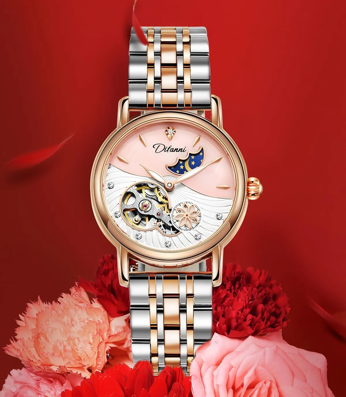 Stars Multi-Functional Watches Rotatable Flowers Female Watch Stainless latest narrowly Steel Mechanical Wristwatch Women's Fashion Trend Sun Moon 