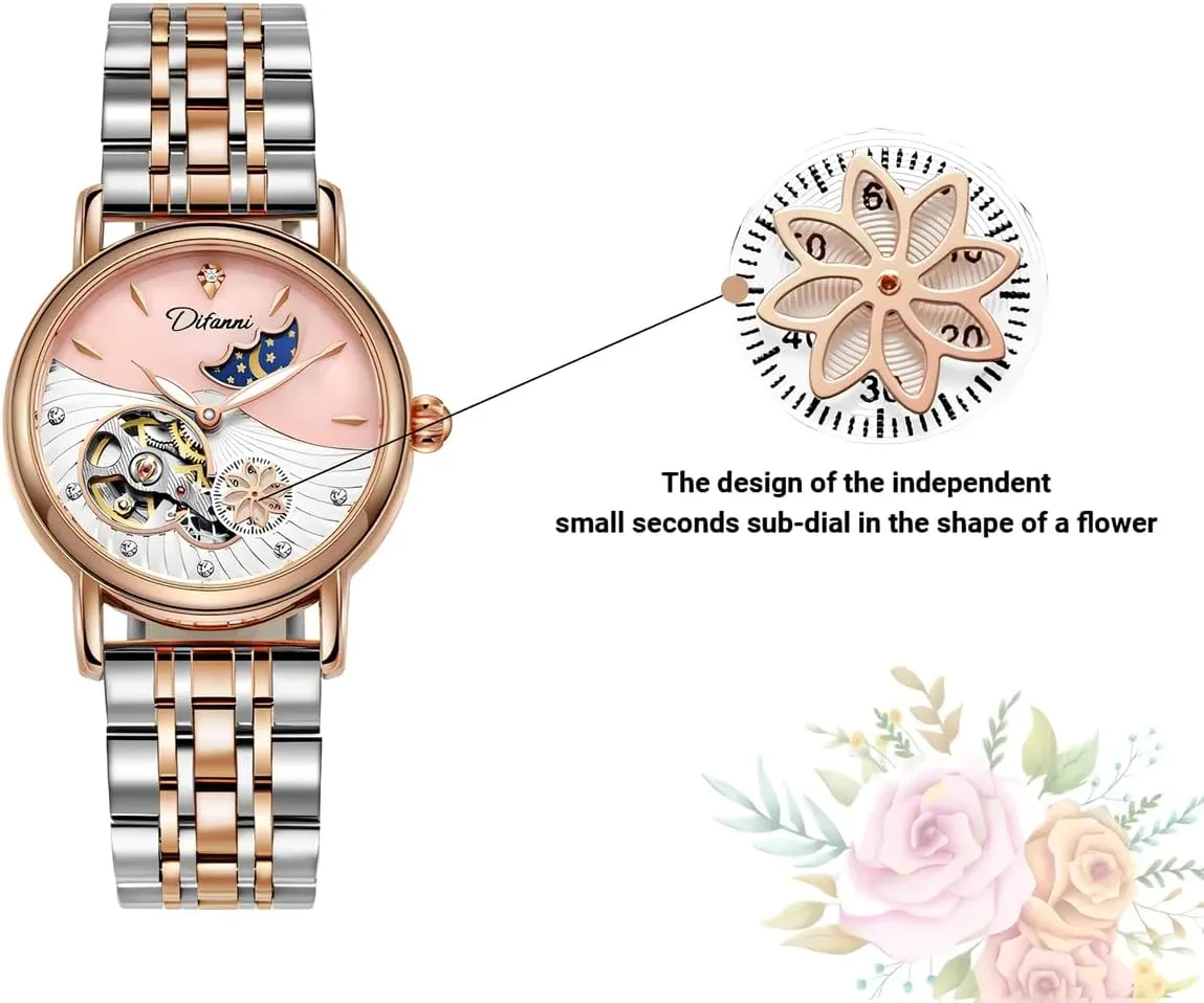 Stars Multi-Functional Watches Rotatable Flowers Female Watch Stainless latest narrowly Steel Mechanical Wristwatch Women's Fashion Trend Sun Moon 