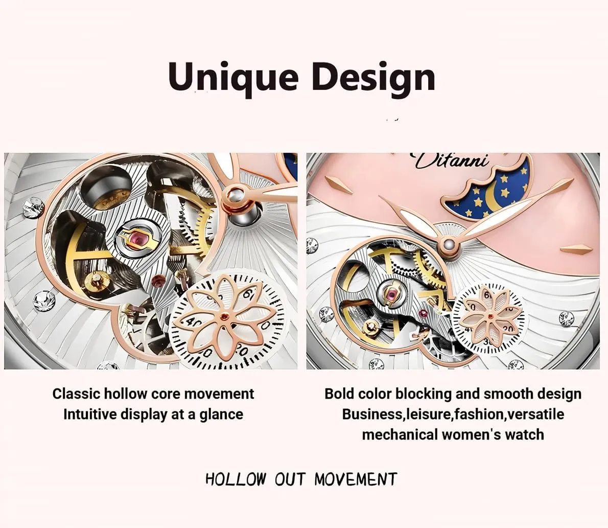 Stars Multi-Functional Watches Rotatable Flowers Female Watch Stainless latest narrowly Steel Mechanical Wristwatch Women's Fashion Trend Sun Moon 