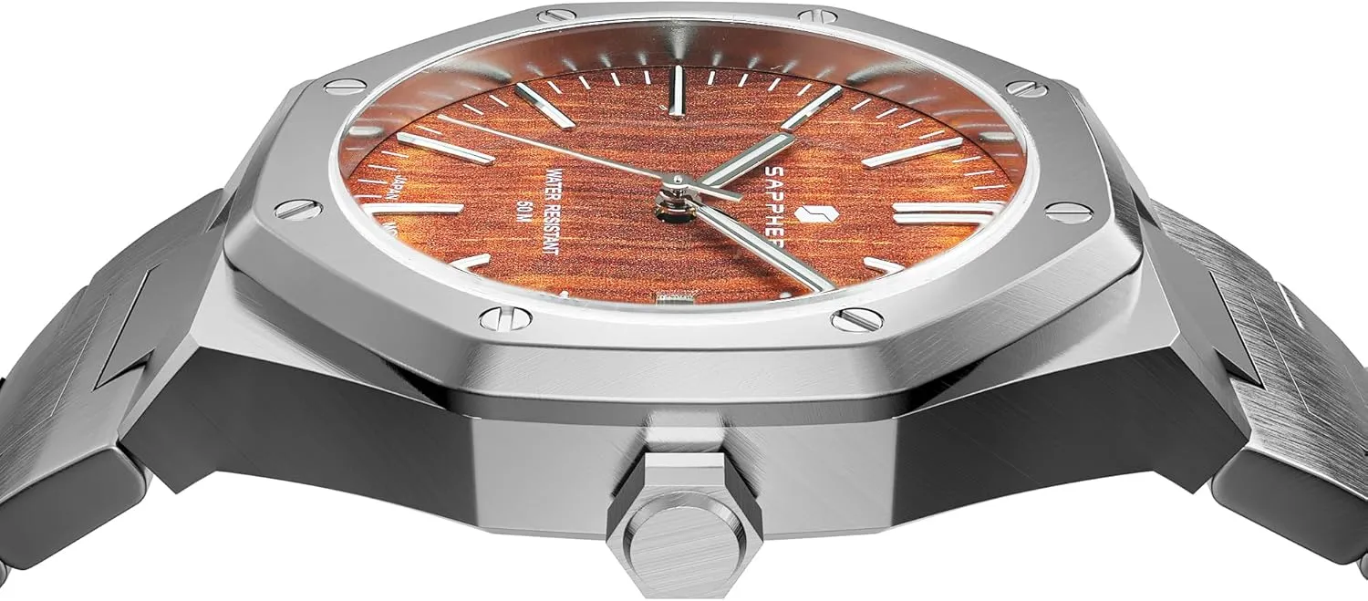 Steel 30M Waterproof Luminous Wristwatch Luxury dull Analog Quartz Watch for Men with Date Elegant Mens SAPPHERO Men's Watch Octagonal Stainless 