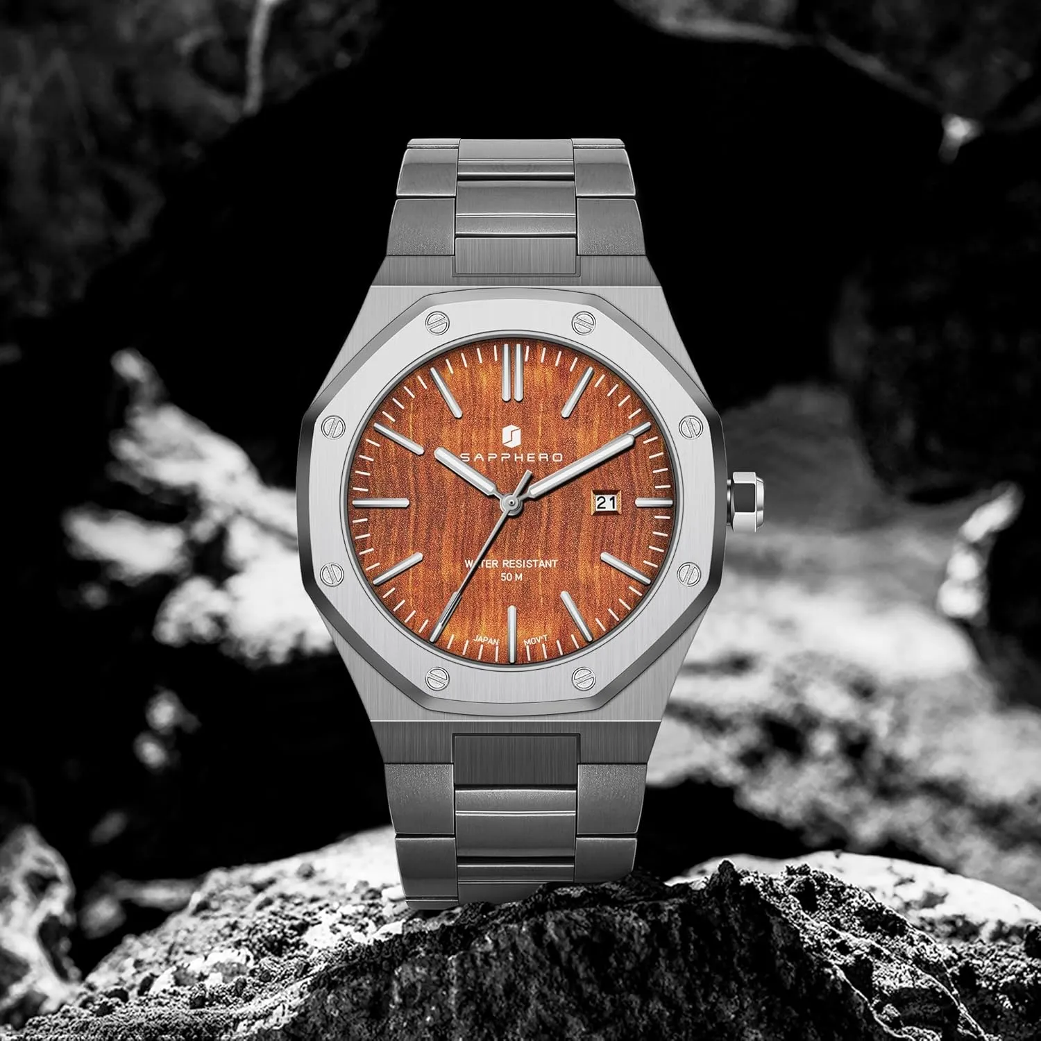 Steel 30M Waterproof Luminous Wristwatch Luxury dull Analog Quartz Watch for Men with Date Elegant Mens SAPPHERO Men's Watch Octagonal Stainless 
