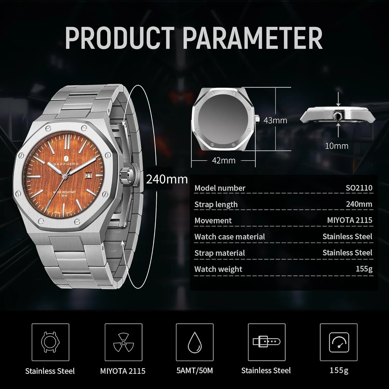 Steel 30M Waterproof Luminous Wristwatch Luxury dull Analog Quartz Watch for Men with Date Elegant Mens SAPPHERO Men's Watch Octagonal Stainless 