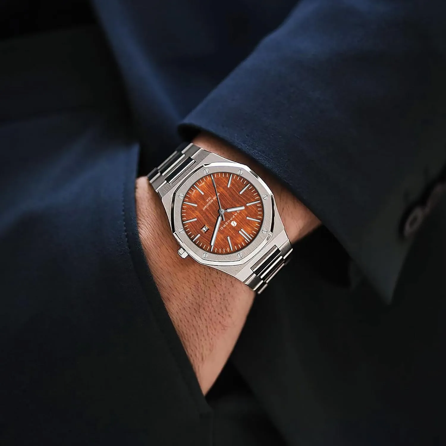 Steel 30M Waterproof Luminous Wristwatch Luxury dull Analog Quartz Watch for Men with Date Elegant Mens SAPPHERO Men's Watch Octagonal Stainless 