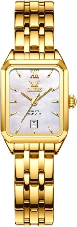 Steel Bracelet Ladies Small Face Watches, Dainty Waterproof rougher Women's Wrist Watches with Date, Gold/Black/White/Blue/Green Dial OLEVS Square Watches for Women, Gold Stainless 