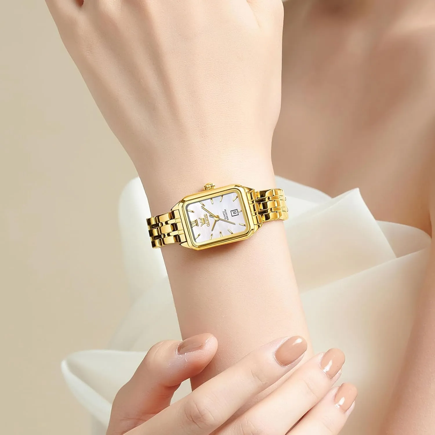 Steel Bracelet Ladies Small Face Watches, Dainty Waterproof rougher Women's Wrist Watches with Date, Gold/Black/White/Blue/Green Dial OLEVS Square Watches for Women, Gold Stainless 