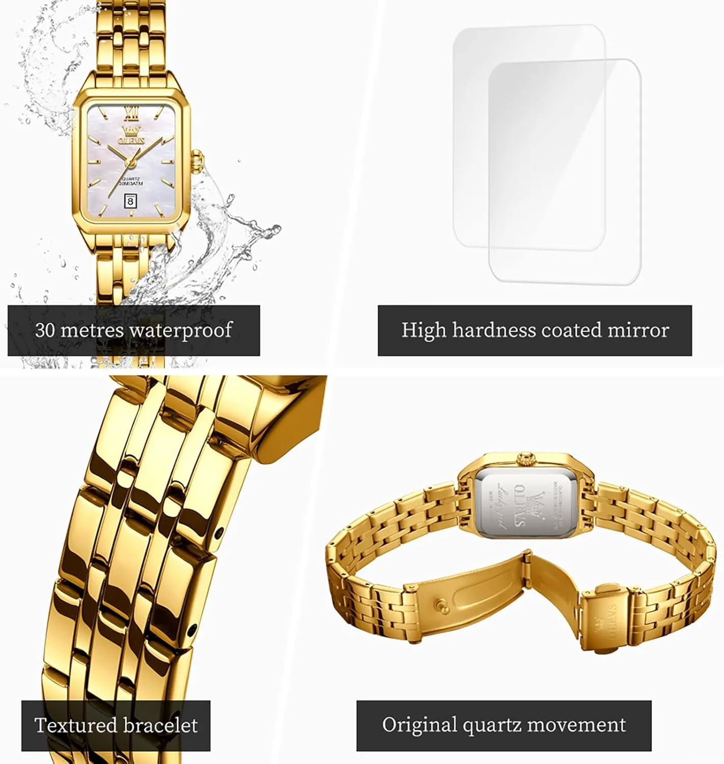 Steel Bracelet Ladies Small Face Watches, Dainty Waterproof rougher Women's Wrist Watches with Date, Gold/Black/White/Blue/Green Dial OLEVS Square Watches for Women, Gold Stainless 