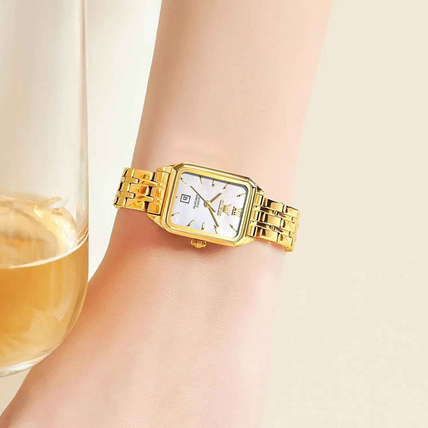 Steel Bracelet Ladies Small Face Watches, Dainty Waterproof rougher Women's Wrist Watches with Date, Gold/Black/White/Blue/Green Dial OLEVS Square Watches for Women, Gold Stainless 