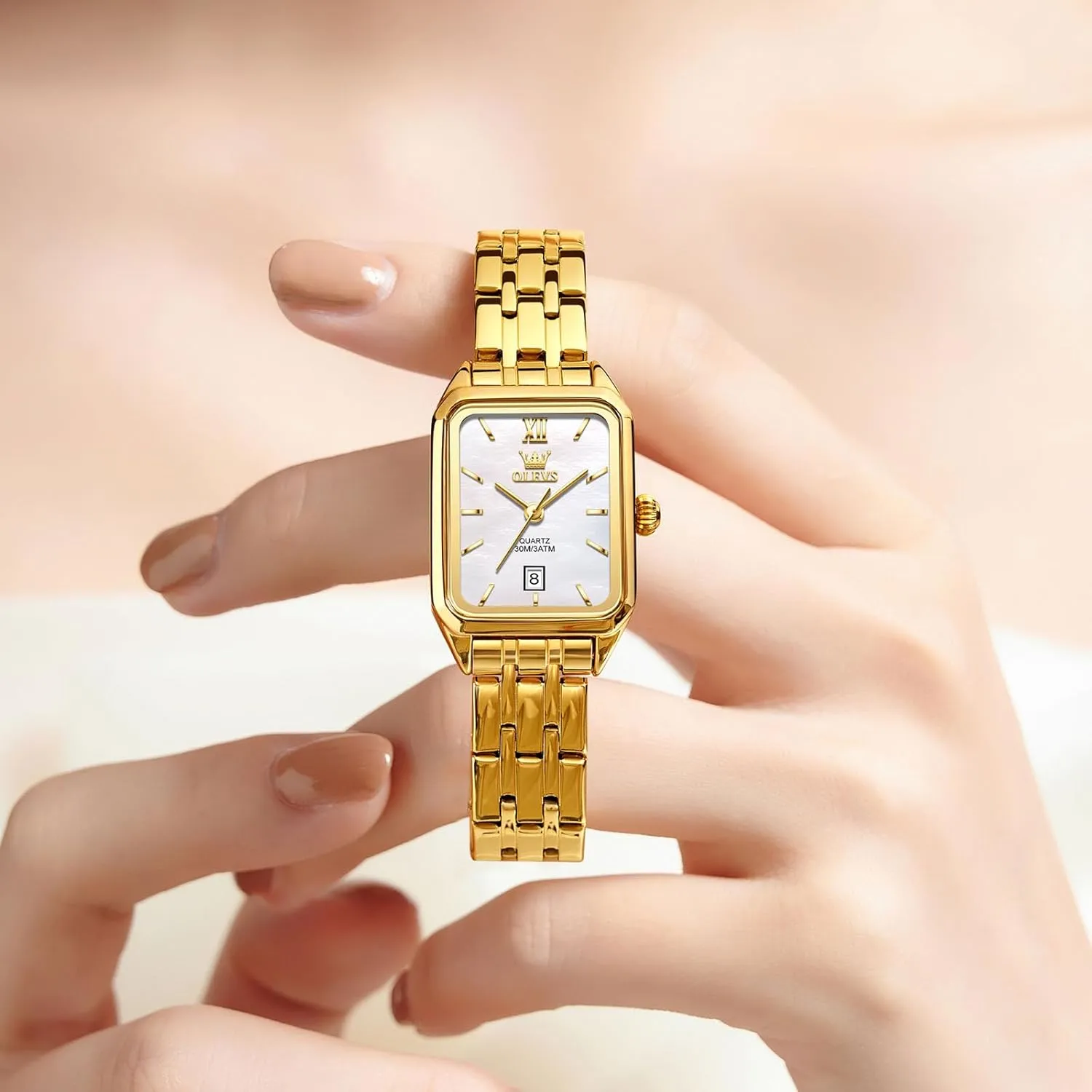 Steel Bracelet Ladies Small Face Watches, Dainty Waterproof rougher Women's Wrist Watches with Date, Gold/Black/White/Blue/Green Dial OLEVS Square Watches for Women, Gold Stainless 