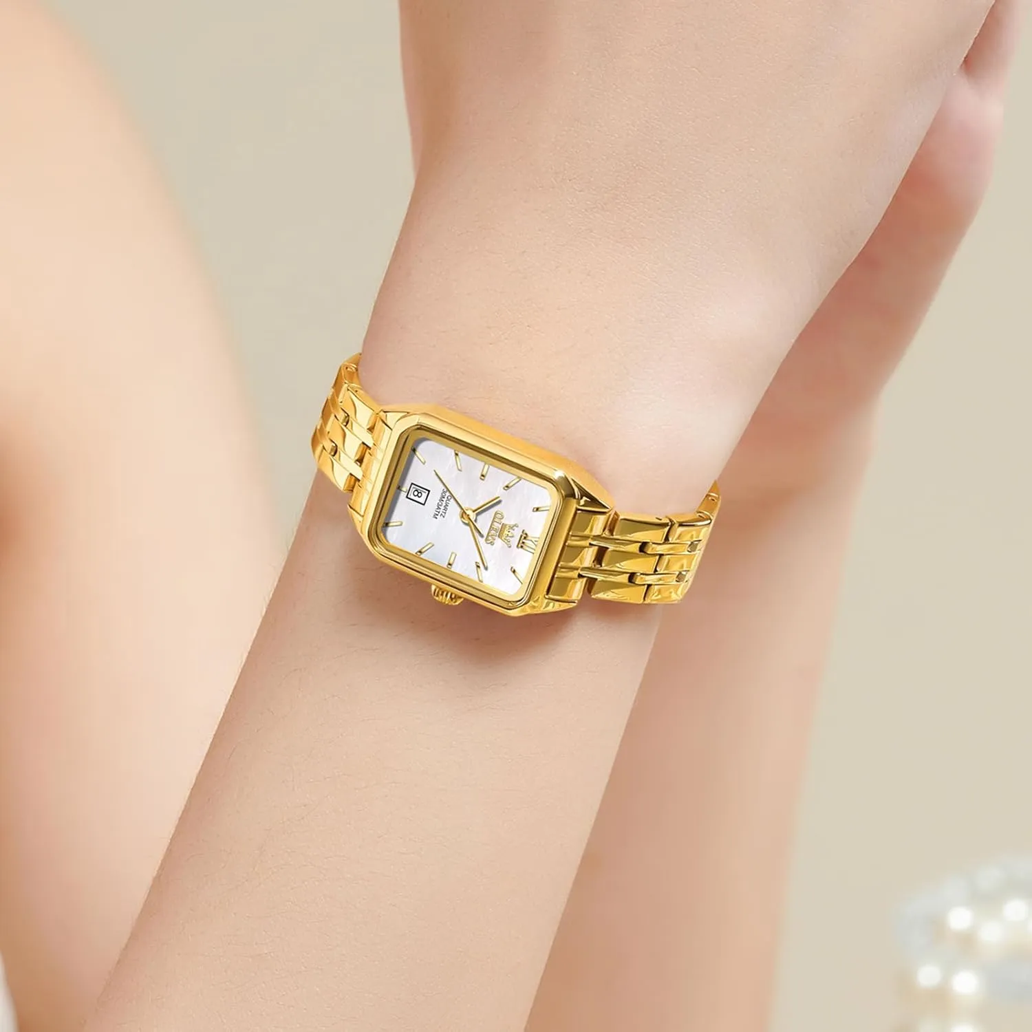 Steel Bracelet Ladies Small Face Watches, Dainty Waterproof rougher Women's Wrist Watches with Date, Gold/Black/White/Blue/Green Dial OLEVS Square Watches for Women, Gold Stainless 