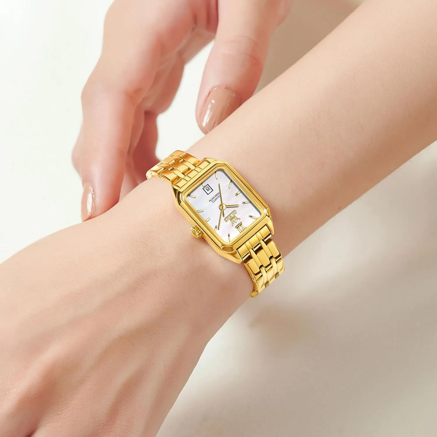 Steel Bracelet Ladies Small Face Watches, Dainty Waterproof rougher Women's Wrist Watches with Date, Gold/Black/White/Blue/Green Dial OLEVS Square Watches for Women, Gold Stainless 