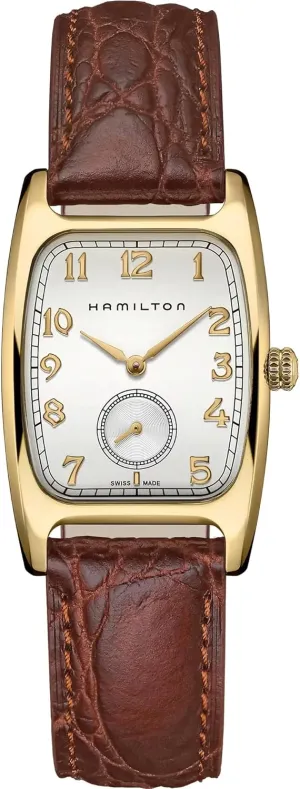 Steel Case | White Dial Analog Watch | Brown Leather Strap (Model: H13431553) Hamilton Watch American Classic Boulton Quartz | Swiss Made capital ready geometrical concave | 27mm x 31.6mm Stainless 