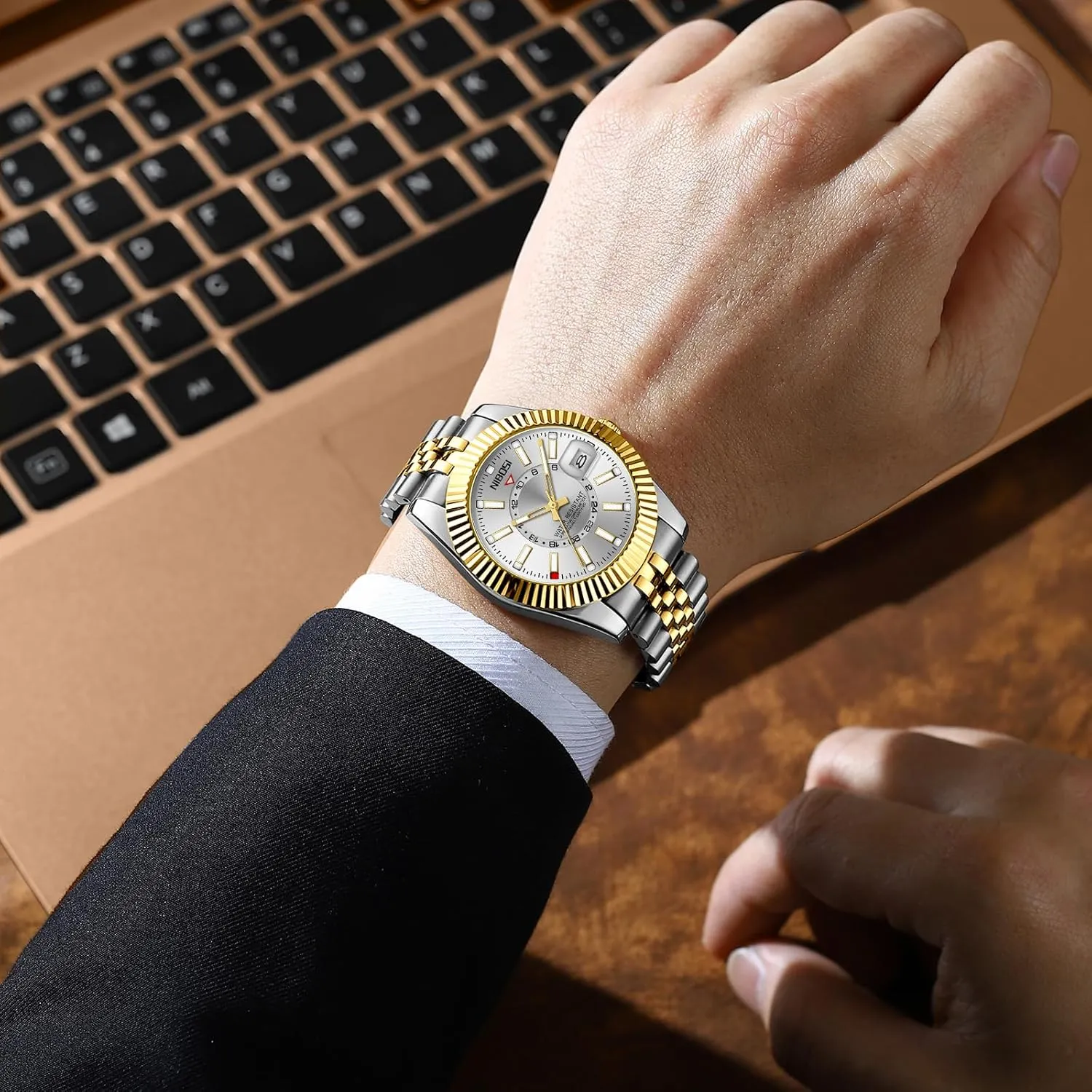 Steel Dial Gold Silver Two Tone Strap with Date Waterproof Business Classic Luxury Dress Mens Wrist Watches Gifts for Him NIBOSI Watches for Men Analog Quartz incubate perceptual rugged filmy Stainless 