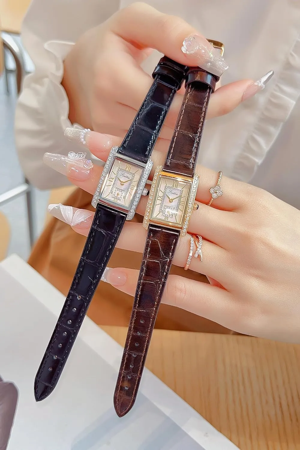 Steel Leather Band Pink Green Black Waterproof Bracelet Watch LOREO Women??s Luxury Rectangular Watch Elegant wet Two-Tone Gold and Silver Diamond Quartz Stainless 