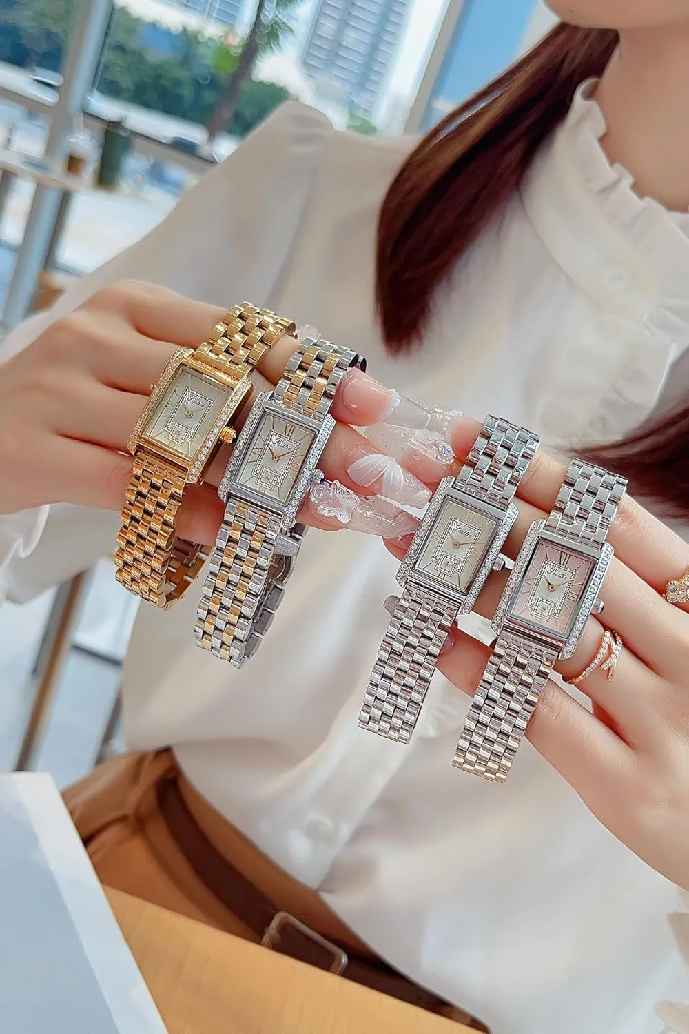 Steel Leather Band Pink Green Black Waterproof Bracelet Watch LOREO Women??s Luxury Rectangular Watch Elegant wet Two-Tone Gold and Silver Diamond Quartz Stainless 