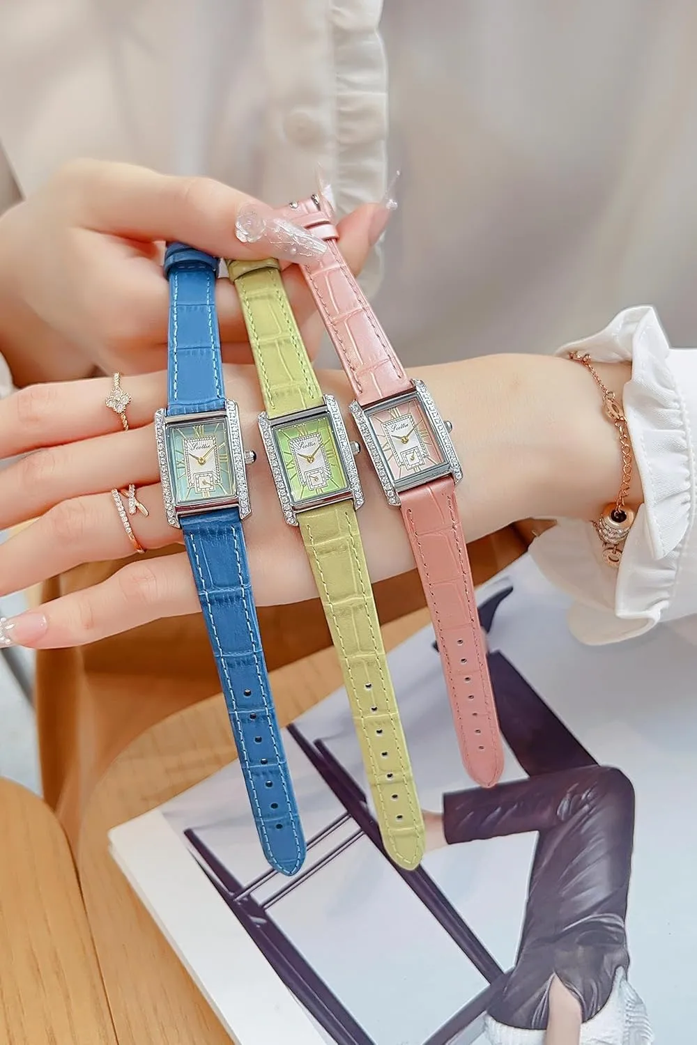 Steel Leather Band Pink Green Black Waterproof Bracelet Watch LOREO Women??s Luxury Rectangular Watch Elegant wet Two-Tone Gold and Silver Diamond Quartz Stainless 
