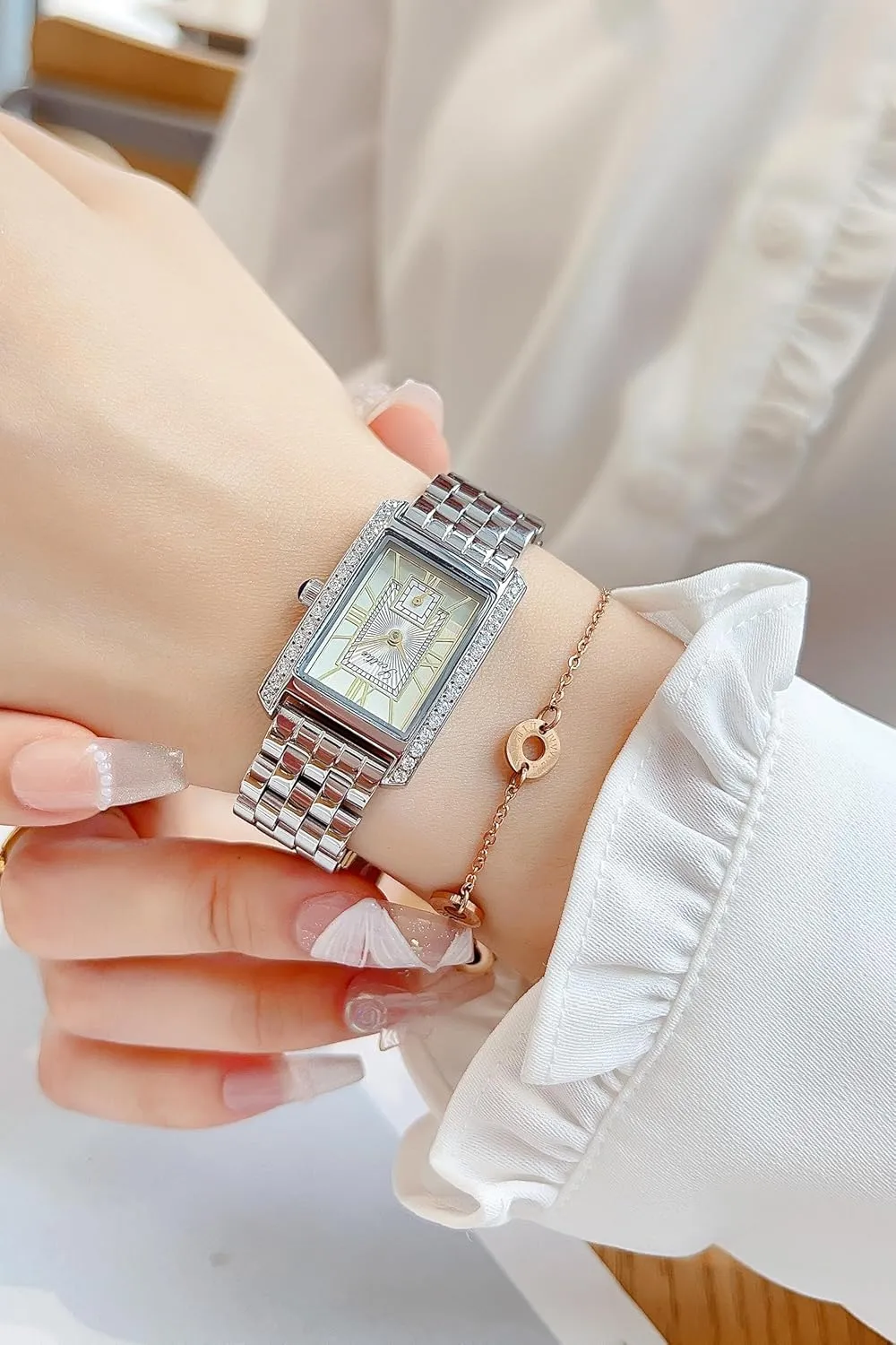 Steel Leather Band Pink Green Black Waterproof Bracelet Watch LOREO Women??s Luxury Rectangular Watch Elegant wet Two-Tone Gold and Silver Diamond Quartz Stainless 