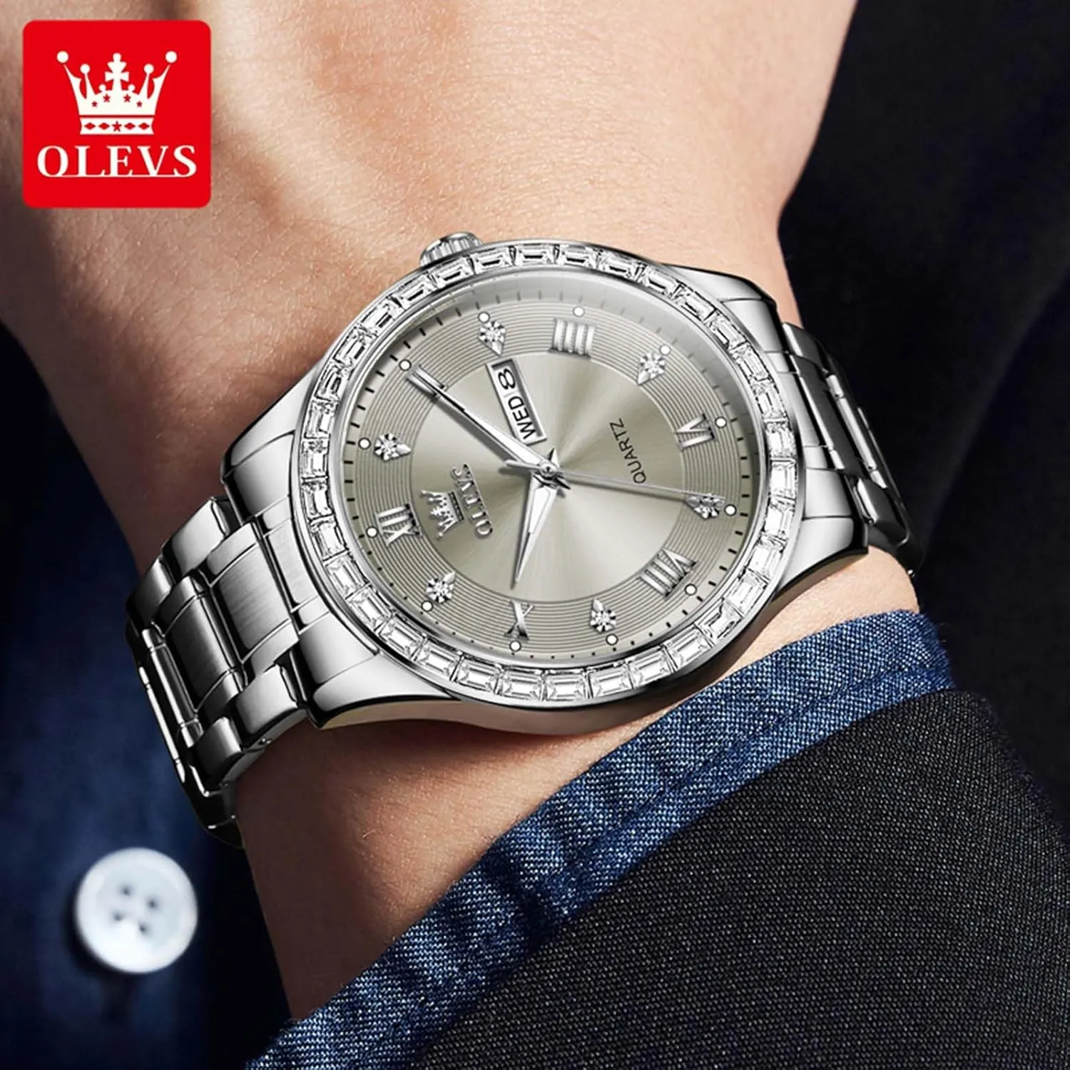 Steel Men unexplored Quartz Watches Roman Dial Diamond Classic Business Male Wristwatch Waterproof Luminous Calendar Reloj para Hombr(Gold/Black/Grey/White Dial) OLEVS Watches for Men with Date Stainless 