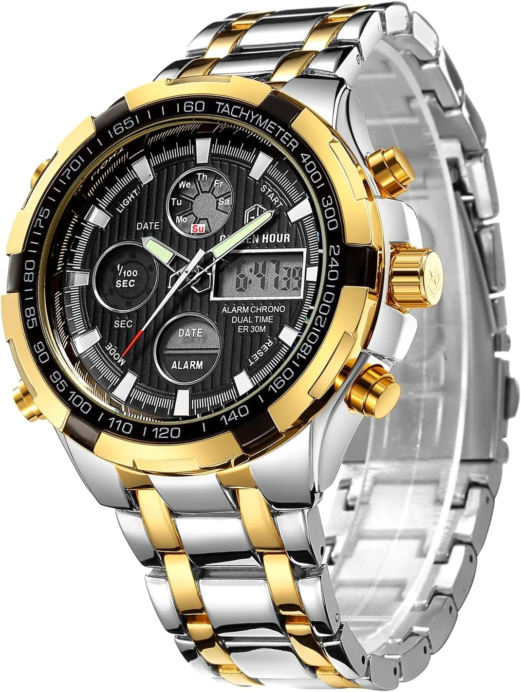 Steel mimic speckle Analog Digital Watches for Men Male Outdoor Sport Waterproof Big Heavy Wristwatch GOLDEN HOUR Luxury Stainless 