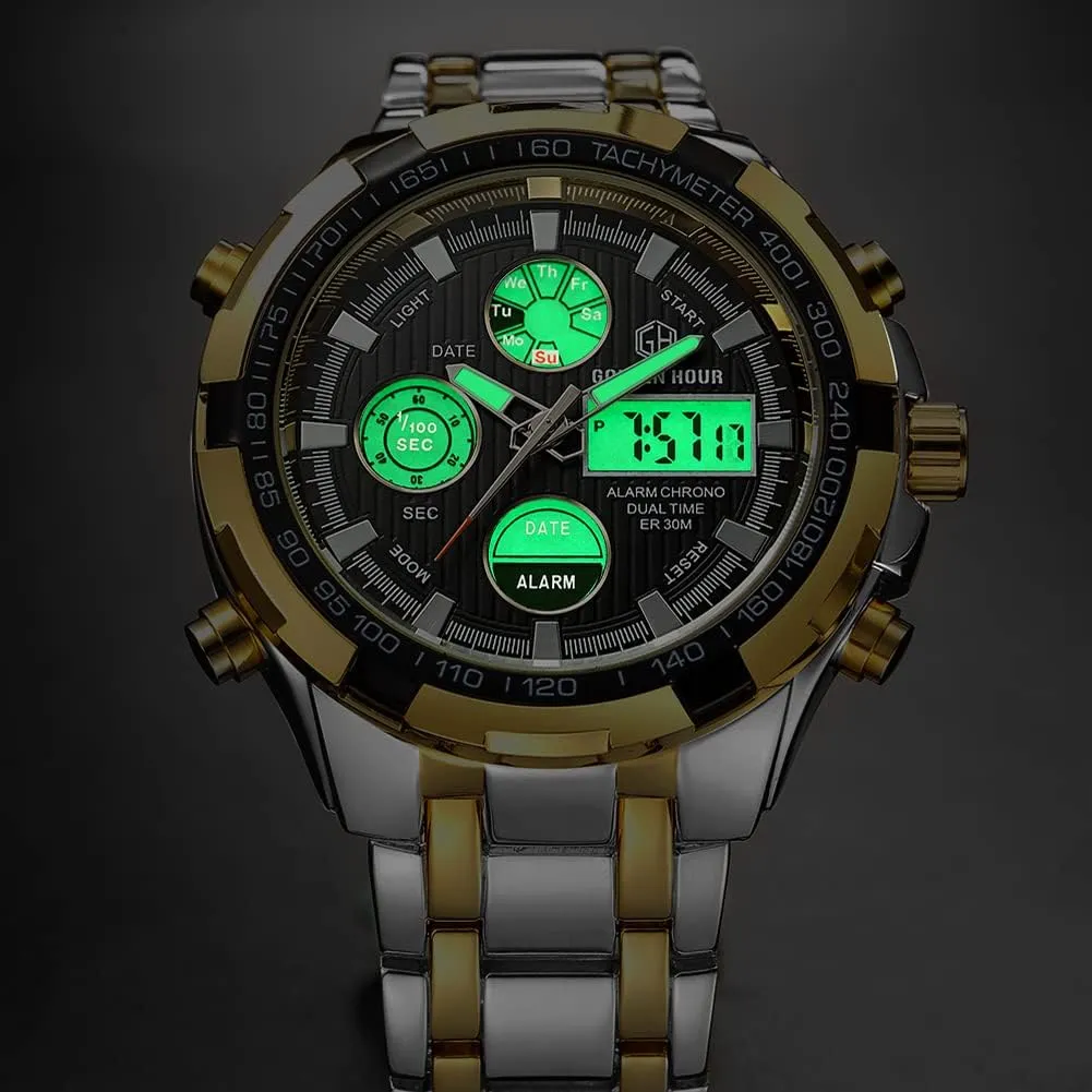Steel mimic speckle Analog Digital Watches for Men Male Outdoor Sport Waterproof Big Heavy Wristwatch GOLDEN HOUR Luxury Stainless 