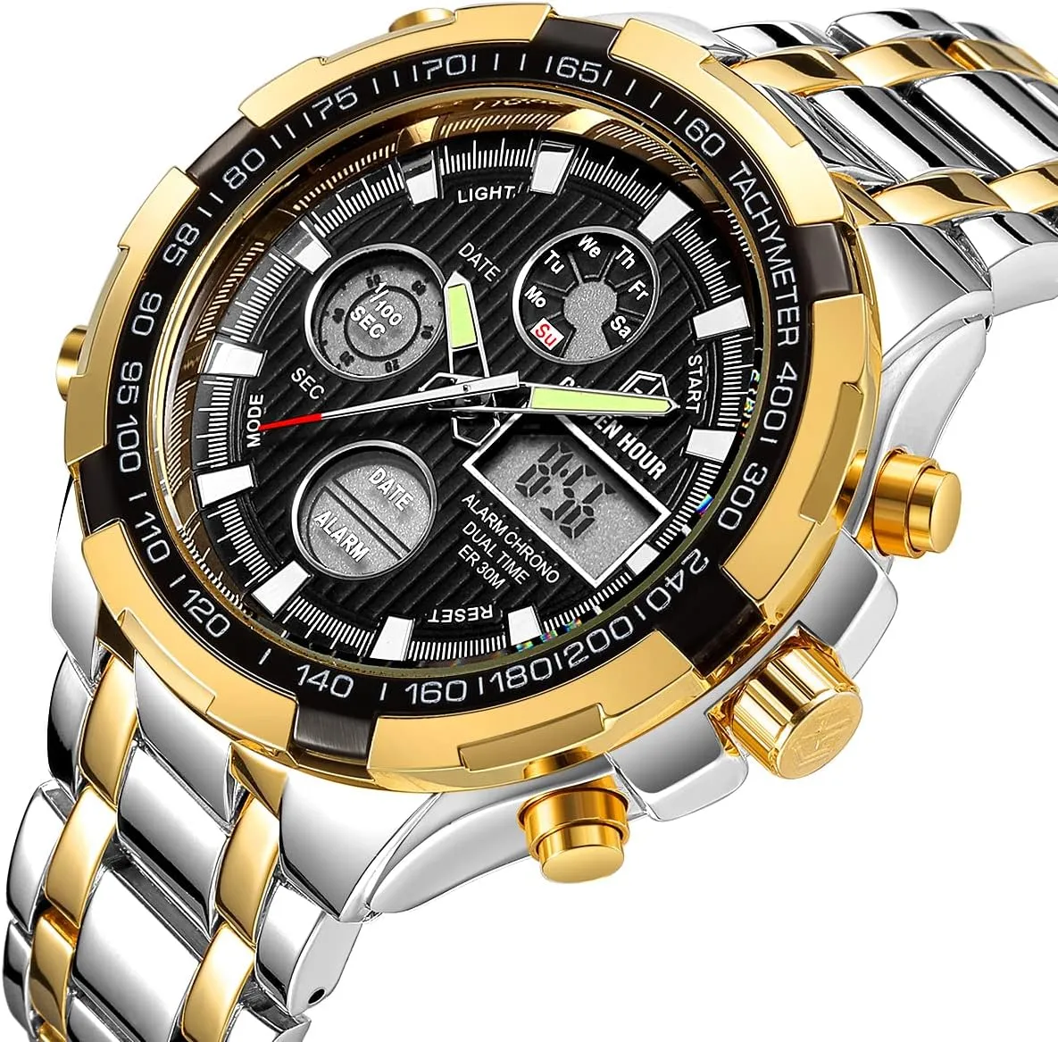 Steel mimic speckle Analog Digital Watches for Men Male Outdoor Sport Waterproof Big Heavy Wristwatch GOLDEN HOUR Luxury Stainless 