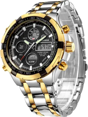 Steel mimic speckle Analog Digital Watches for Men Male Outdoor Sport Waterproof Big Heavy Wristwatch GOLDEN HOUR Luxury Stainless 