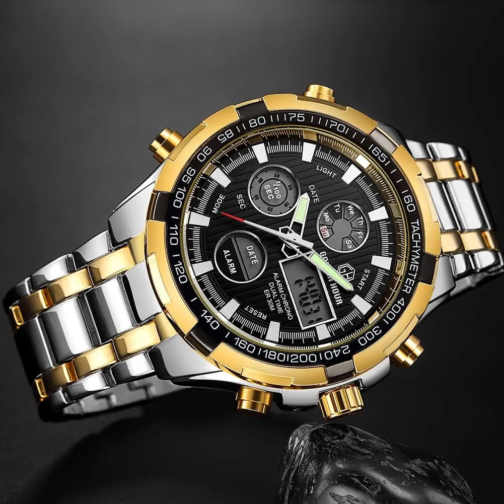 Steel mimic speckle Analog Digital Watches for Men Male Outdoor Sport Waterproof Big Heavy Wristwatch GOLDEN HOUR Luxury Stainless 