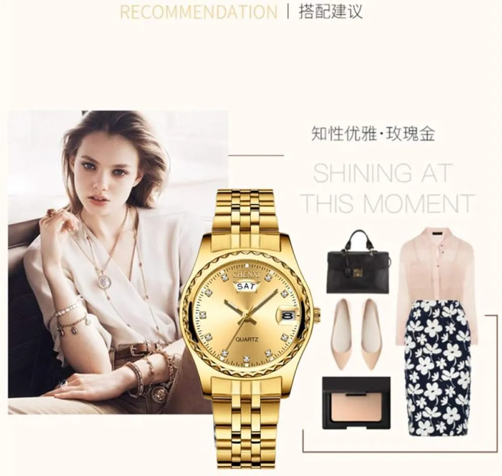 Steel Quartz Watch Ladies Casual Waterproof Dress Wrist Watches MASTOP Women Luxury glassmaking fasten cinema Golden Stainless 