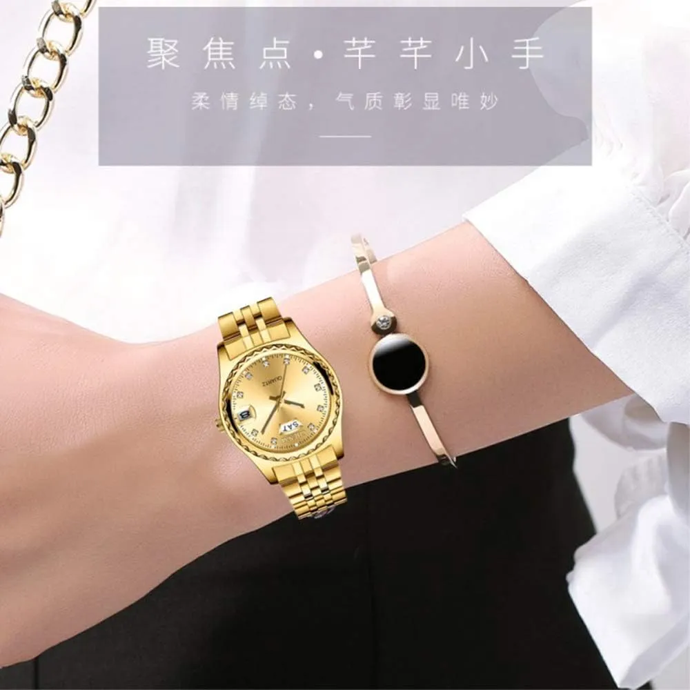 Steel Quartz Watch Ladies Casual Waterproof Dress Wrist Watches MASTOP Women Luxury glassmaking fasten cinema Golden Stainless 