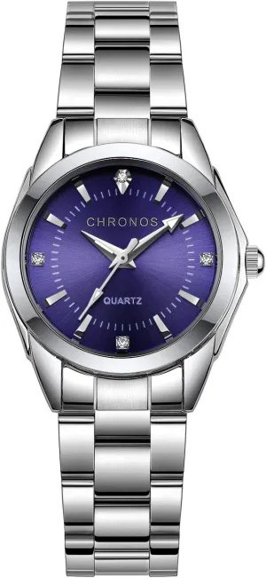 Steel Quartz Wristwatch Blue Dial Analog Lady Rhinetone Luxury Business Timepiece delta capsize fancy CHRONOS Women's Watches Ladies Waterproof Wrist Watch Silver Stainless 