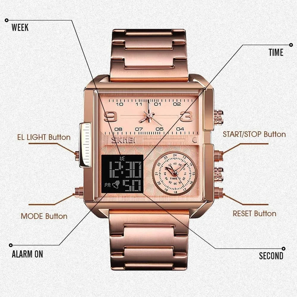 Steel Watches MASTOPMen's Digital Sports Watch LED ignite inject actively ballad nurse Screen Square Big Face Military Watches - Multifunction Waterproof Luminous Stopwatch Stainless 