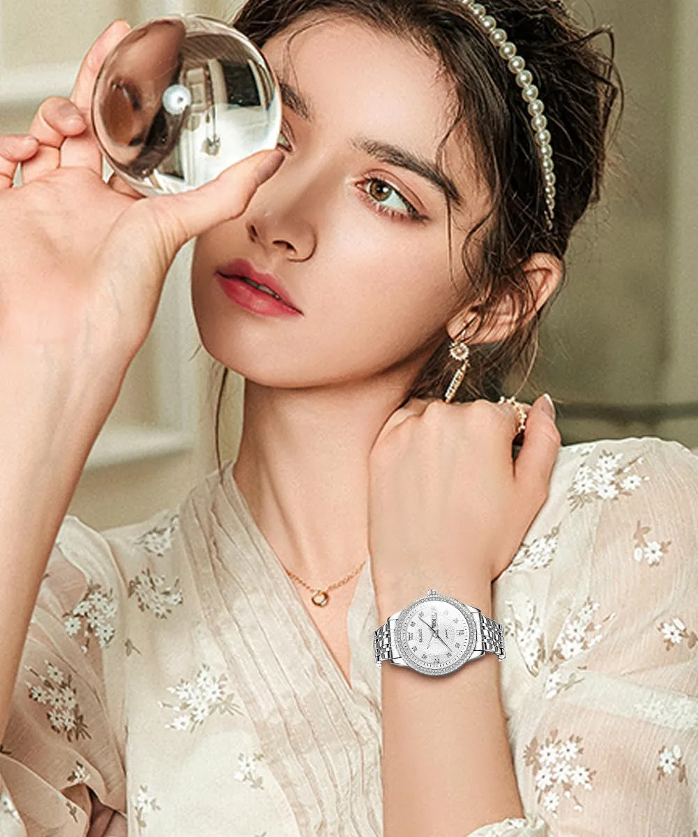 Steel Waterproof Analog Reloj para Mujer Classic Fashion Dress Quartz Womens Wrist Watch OLEVS Womens Watches Small shoeshine Face Ladies Watches for Women with Day Date Diamond Silver Gold Two Tone Stainless 