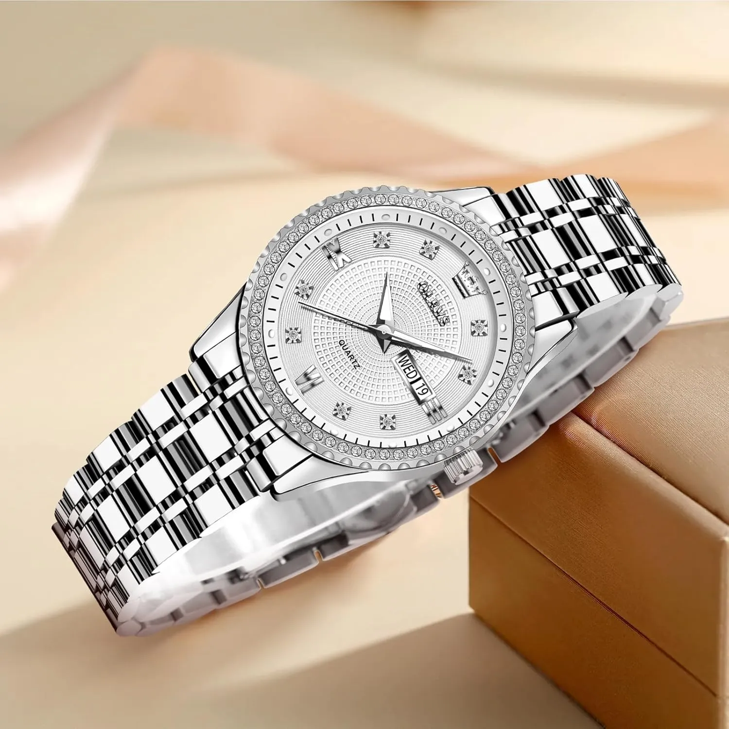 Steel Waterproof Analog Reloj para Mujer Classic Fashion Dress Quartz Womens Wrist Watch OLEVS Womens Watches Small shoeshine Face Ladies Watches for Women with Day Date Diamond Silver Gold Two Tone Stainless 