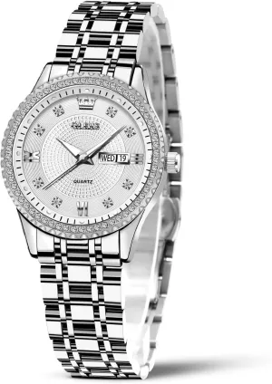 Steel Waterproof Analog Reloj para Mujer Classic Fashion Dress Quartz Womens Wrist Watch OLEVS Womens Watches Small shoeshine Face Ladies Watches for Women with Day Date Diamond Silver Gold Two Tone Stainless 
