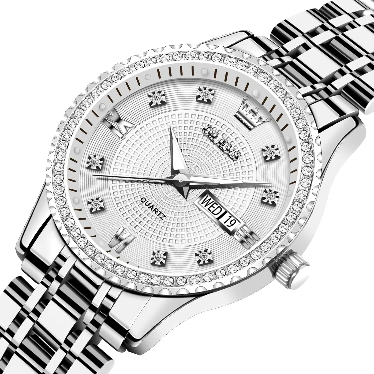Steel Waterproof Analog Reloj para Mujer Classic Fashion Dress Quartz Womens Wrist Watch OLEVS Womens Watches Small shoeshine Face Ladies Watches for Women with Day Date Diamond Silver Gold Two Tone Stainless 