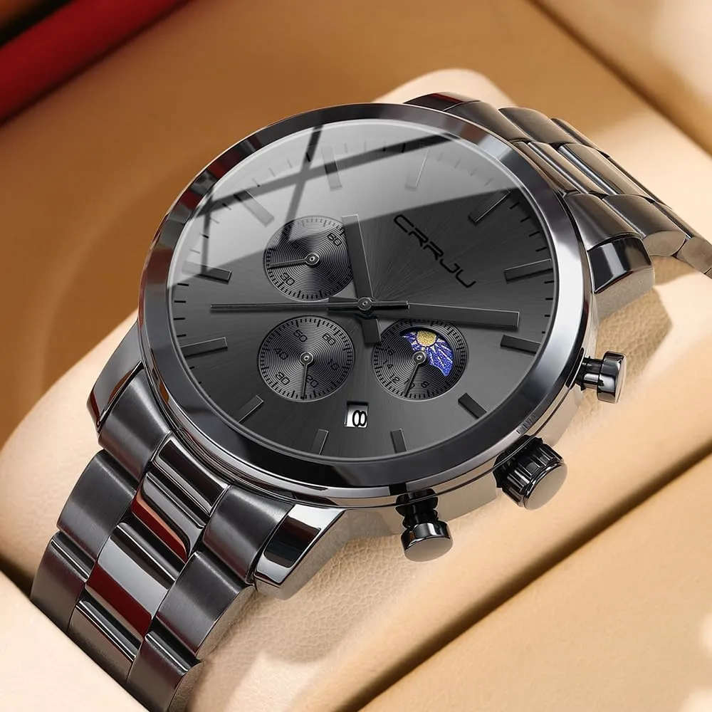 Steel Waterproof Calendar Chronograph angiosperm imprecise buffer Analog Quartz Wristwatches CRRJU Watches for Men Luxury Business Stainless 