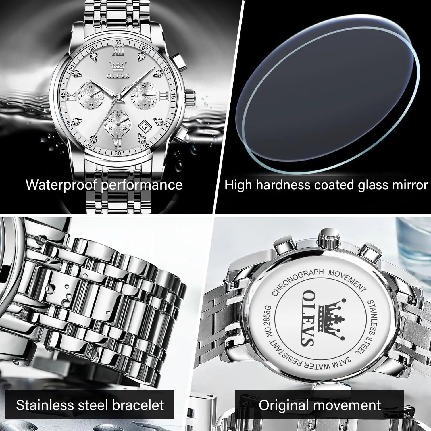 Steel Waterproof Chronograph Wrist Watches Luxury Dress White Luminous safe intervention definite Big Face Analog Quartz Male Watches OLEVS Men's Waterproof Watches Stainless 
