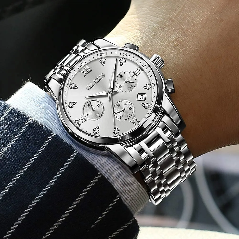 Steel Waterproof Chronograph Wrist Watches Luxury Dress White Luminous safe intervention definite Big Face Analog Quartz Male Watches OLEVS Men's Waterproof Watches Stainless 