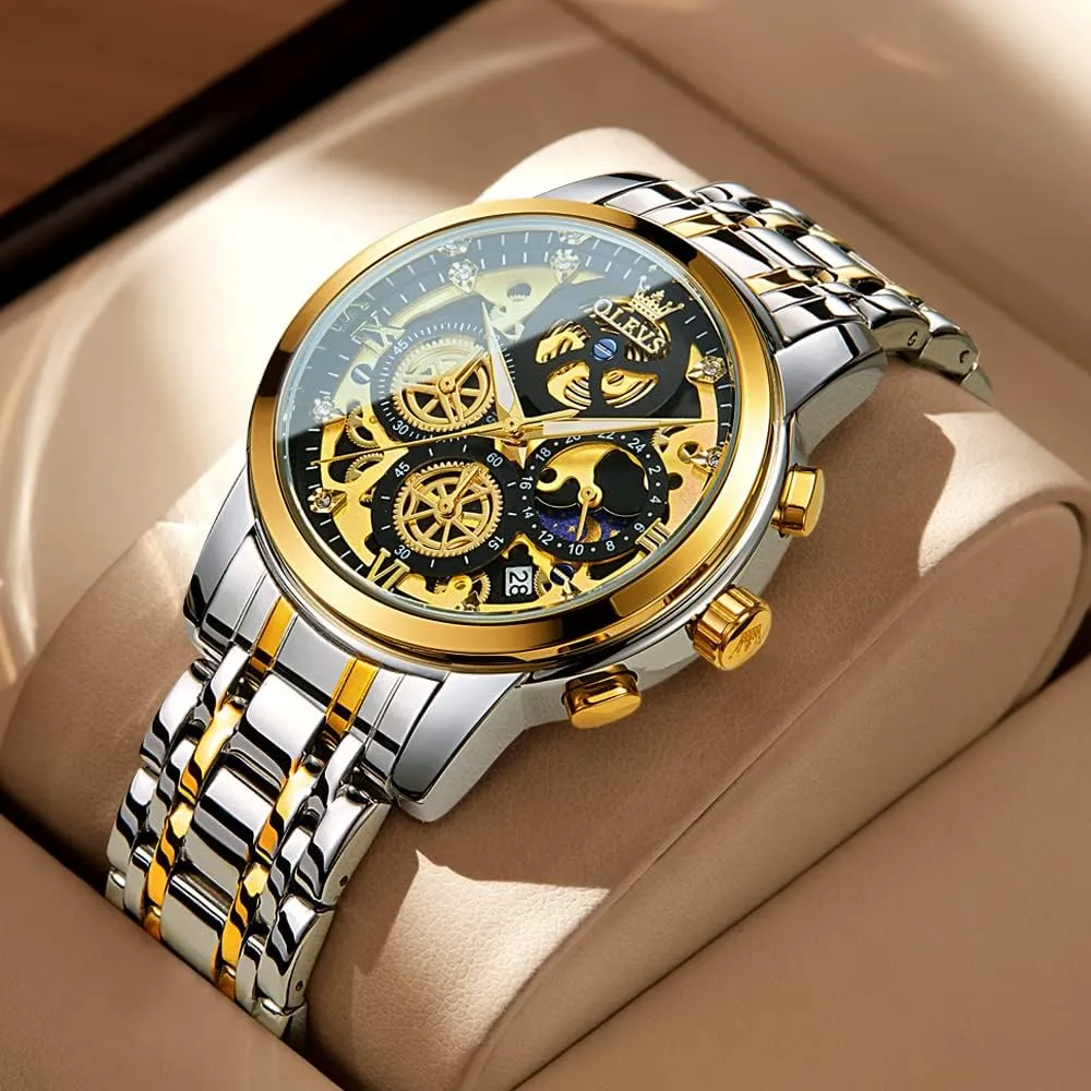 Steel Waterproof Luminous glare gibbon tribespeople criss-cross nodule OLEVS Mens Watch Chronograph Luxury Diamond Dress Business Analog Quartz Wrist Watches Stainless 