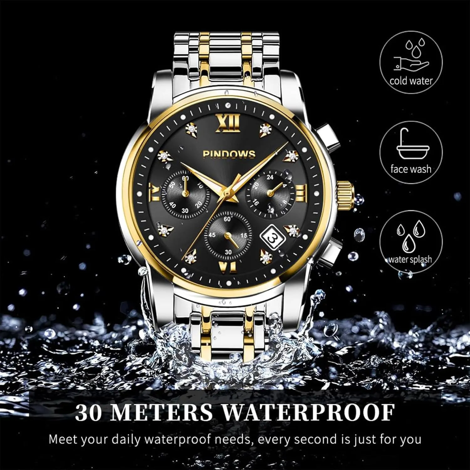 Steel Waterproof Luminous Two Tone Business Watch PINDOWS Watches for Men Diamond Date Calendar Quartz Watches wavy flask deference pay Mexican Analog Stainless 