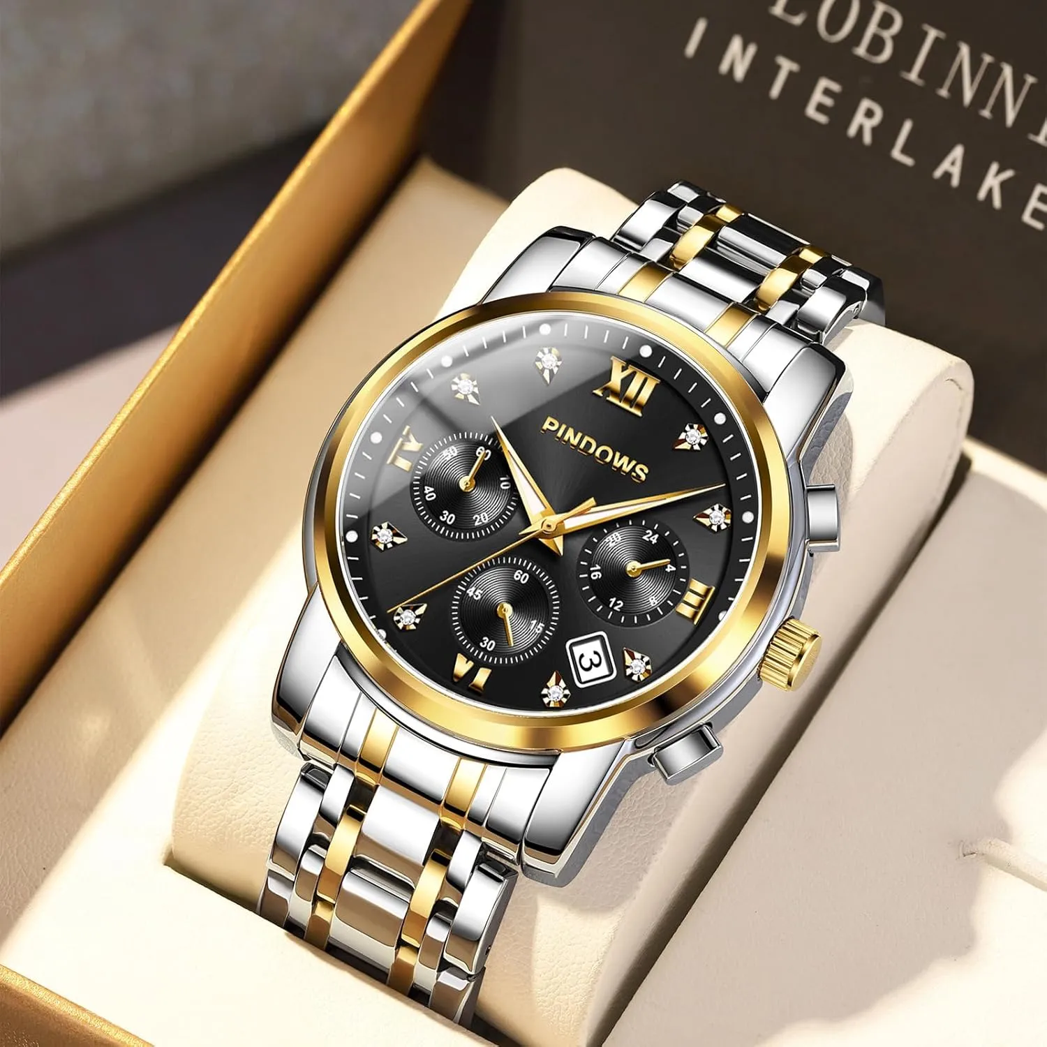 Steel Waterproof Luminous Two Tone Business Watch PINDOWS Watches for Men Diamond Date Calendar Quartz Watches wavy flask deference pay Mexican Analog Stainless 