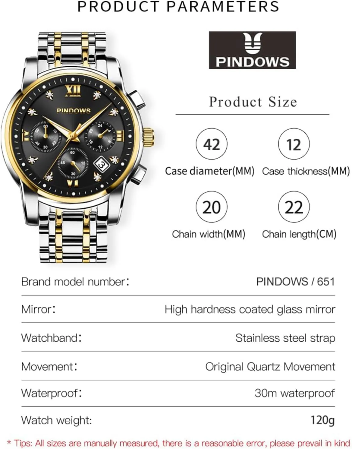 Steel Waterproof Luminous Two Tone Business Watch PINDOWS Watches for Men Diamond Date Calendar Quartz Watches wavy flask deference pay Mexican Analog Stainless 